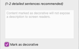 MS Word ALT text accessibility panel with decorative selected