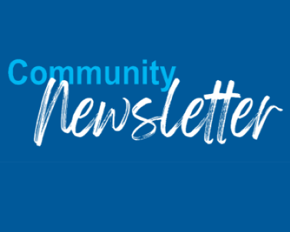 typographic logo of Community Newsletter in teal and white on light blue background