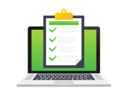 icon with laptop line art behind clipboard with survey page showing green bar at top and 4 green checkmarks down right side 