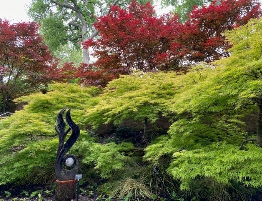 dark metal outdoor sculpture in front of green leafy trees and red leaves in background