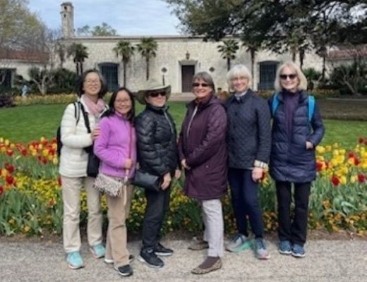 6 women wearing coats standing outside in front of stone building and low planting of yellow and red tulips