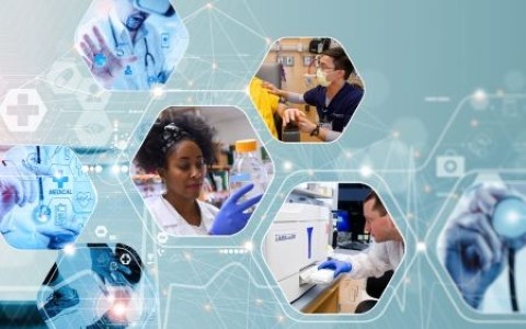 hexagonal shapes on light blue background; shapes containing images: female researcher looking at glass container, closeup of stethoscope, male researcher operating equipment, masked medical worker holding patient's hand, man wearing VR glasses, microscope and laser images