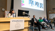 Moderator Angelica Marin Hill, Vice President for Government Affairs and Policy, asks questions of panelists (from left) Roberto Gonzalez, M.D., Larissa Velez, M.D., and Carlos Girod, M.D.