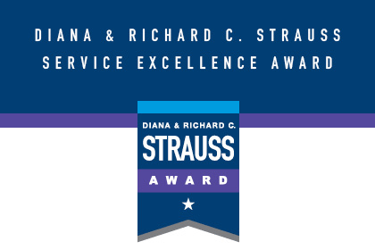 Blue, purple, and white banner - Diana & Richard C. Strauss Service of Excellence Award