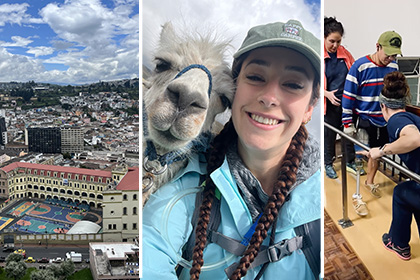 Collage of three images - airial view of Quito, girl wearing a ball cap with llama looking over her shoulder, and two women helping a man walk with a new prosthetic leg.