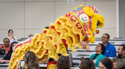 An interactive performance of the lion dance at UT Southwestern’s Asian Pacific American Heritage Month Celebration entertains the campus audience. Also at the May event, keynote speaker Saad B. Omer, M.B.B.S, M.P.H., Ph.D., Dean of the Peter O’Donnell Jr. School of Public Health, spoke about engaging with the community to improve public health globally.