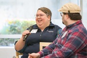 Spiritual Care and Support Intern Sara Cowley, sitting with her husband, Cameron Cowley, shares experiences from patients’ visits.