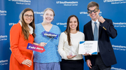 Colleagues that include, from left, Ildiko Lingvay, M.D., M.P.H., M.S.C.S., Professor of Internal Medicine, Marielle Berger-Nagele, Research Program Manager, and Dr. Peterson, celebrate Lina Gonzalez Duarte, a Senior Research Dietitian in Endocrinology, for winning the 2024 Team Spirit Award.