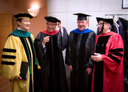 Drs. Dr. W. P. Andrew Lee, Victor J. Dzau, Johann Deisenhofer, and Daniel K. Podolsky gather at the President’s reception before the ceremony.