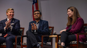 Panelists on the AI Across the UT Health System session include, from left: Sen. Parker, Dr. Shah, and Claudia Lucchinetti, M.D., Dean of Dell Medical School and Senior Vice President for Medical Affairs at UT Austin.
