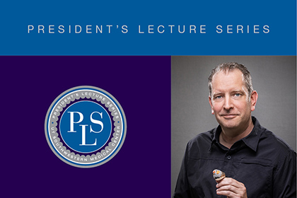 President's Lecture Series, UT Southwestern Mecical Center banner and logo, and man with gray hair wearing a black shirt and holding a small bird on his finger.