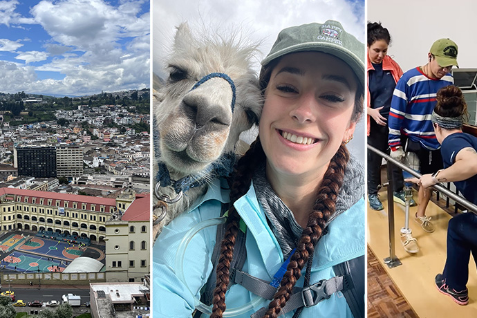 Collage of three images - airial view of Quito, girl wearing a ball cap with llama looking over her shoulder, and two women helping a man walk with a new prosthetic leg.