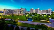 The UT Southwestern campus has experienced enormous expansion in recent years, including on North Campus above where the Cancer Care Outpatient Building and Peter O’Donnell Jr. Biomedical Research Building can be seen in this June 2024 photo. Ground also was broken recently on North Campus for the new joint pediatric campus in partnership with Children’s Health.