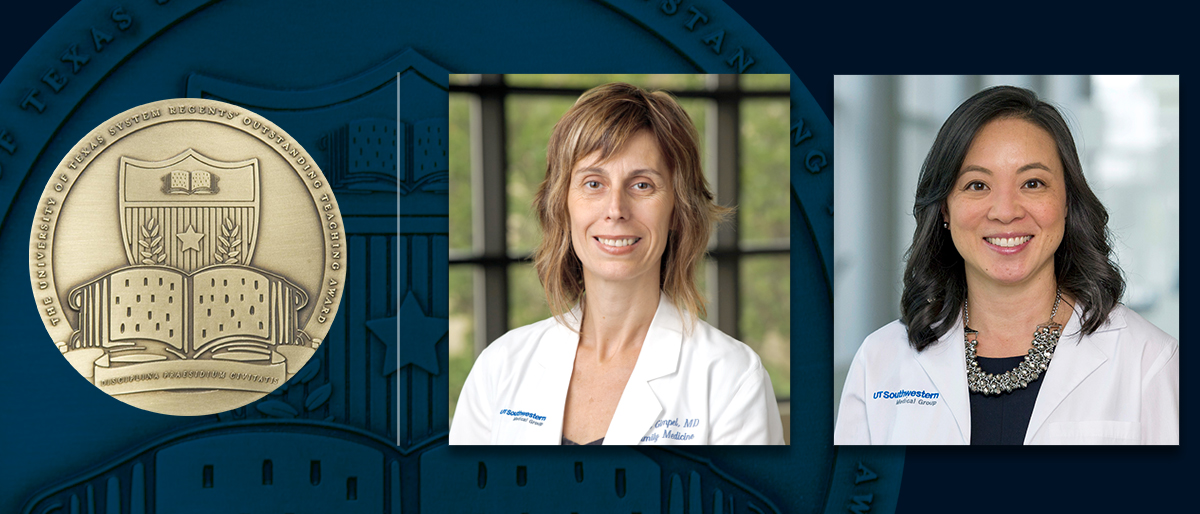 Individual photos of ROTA winners Drs. Nora Gimpel (left) and Melanie Sulistio, along with the logo, The University of Texas System Regents' Outstanding Teaching Awards