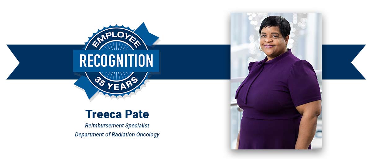 Smiling woman with short dark hair, wearing a purple dress and gold hoop earrings. On white banner with-Treeca Pate, Reimbursement Specialist, Department of Radiation Oncology with blue Employee Recognition Program logo.