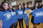 (Left to right) Ruby Pandey, Madhuri Gottam, Amulya Pratapa, Pooja Achanta, and Swathi Rayasam celebrate.