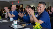 Platinum pin honorees Marlon Castro and Nellie Session-Augustine representing the Apheresis Unit.