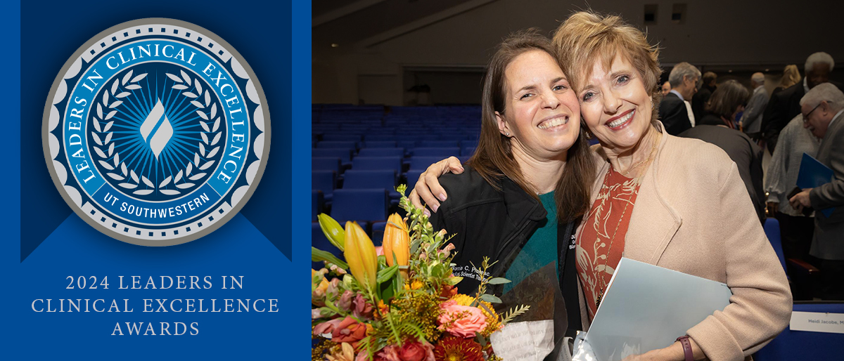 2024 Leaders in Clinical Excellence Awards - UT Southwestern. Two smiling women posing with a large bouquet of flowers.