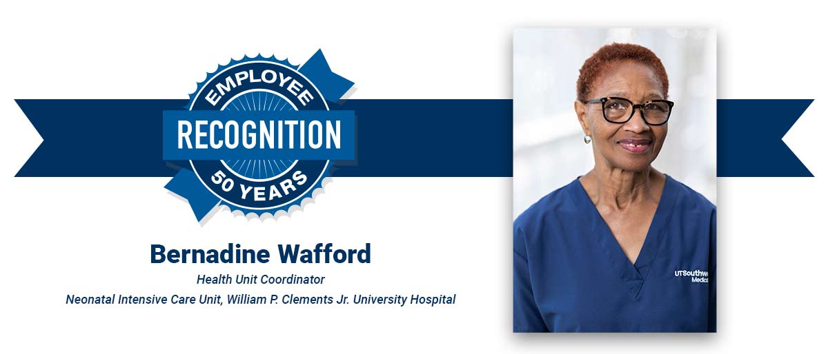 Smiling woman with short red hair, wearing blue UT Southwestern scrubs an black glasses. On white banner with-Bernadine Wafford, Health Unit Coordinator, Neonatal Intensive Care Unit, William P. Clements Jr. University Hospital, and blue Employee Recognition Program logo.