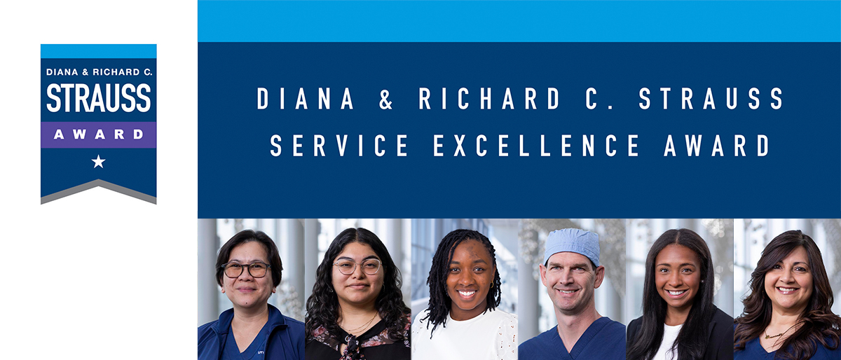 Blue, purple, and white banner - Diana & Richard C. Strauss Service of Excellence Award and pictures of the six winners.