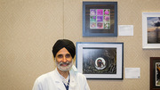 Karanjit Kooner stands beside his team’s entry, Before and After, Story of Texas Thistle (Cirsium texanum). The group’s photographic collage at top, which shows colorful purple thistles bloom and then wilt over time, won first place in the Corporate Collaboration (Amateur Division) category.