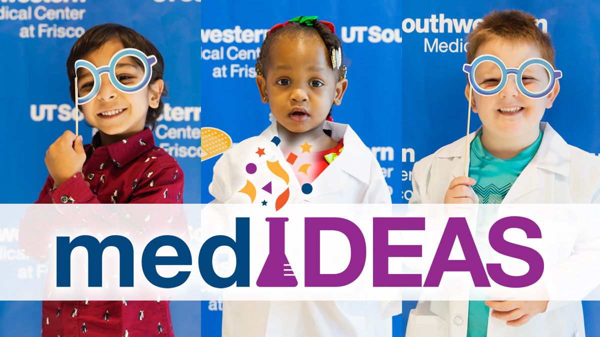 Three children wearing labcoats and holding medical props for photos with the medIDEAS logo overlaid