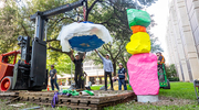 Donald Seldin Plaza is becoming an art lover’s mecca. A 13-foot-tall work, dallas mountain, 2023, is the seventh large outdoor piece donated to UT Southwestern by Nobel Laureate Joseph L. Goldstein, M.D. In July, teams from Crozier Fine Arts and Ugo Rondinone Studio prepare to install the fifth and final boulder of the sculpture.