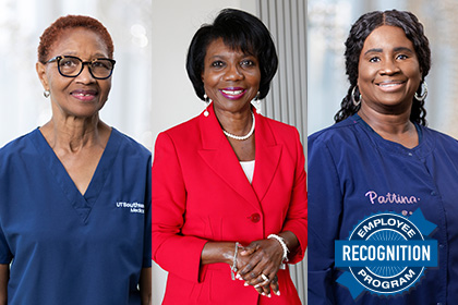 Collage of three female employees recognized for 50, 40, and 40 years respecitively, with Employee Recognition Program logo