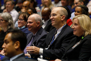 Health System leaders enjoy the ceremony. Pictured: Dr. Susan Hernandez, AVP and Chief Nurse Executive (right), Dr. Seth Toomay, AVP and Health System Chief Medical Officer, and Dr. William Daniel, VP and Chief Quality Officer.