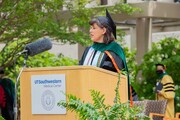 Dr. Angela Mihalic, Dean of Medical Students, Associate Dean of Student Affairs, and Professor of Pediatrics, addresses graduates.