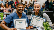Critical Care Unit honorees Sachithanadam Devadoss and Noura Farih are all smiles with their Platinum pin certificates.