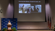 Helen Hobbs, M.D., speaks to the audience about her mentors, who have included Drs. Brown and Goldstein and the late Donald Seldin, M.D., former UTSW Chair of Internal Medicine.