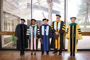 Members of the Platform Party include (from left) Dr. Ramona Dorough, Assistant Professor in the School of Health Professions; Dr. Carolyn Bradley-Guidry, Interim Associate Dean for Student Affairs and Diversity, Equity, and Inclusion, and Equity Affairs; Dr. Scott Smith, Associate Dean for Research in the School of Health Professions; Dr. Jon Williamson, Dean of the School of Health Professions; and W. P. Andrew Lee, Executive Vice President for Academic Affairs, Provost, and Dean of UT Southwestern Medical School.