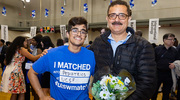 Ishaan Sangwan (left) proudly poses with his father after his match to UCSF was revealed.