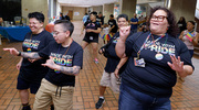 Brunch attendees celebrate the day with a dance in McDermott Plaza.