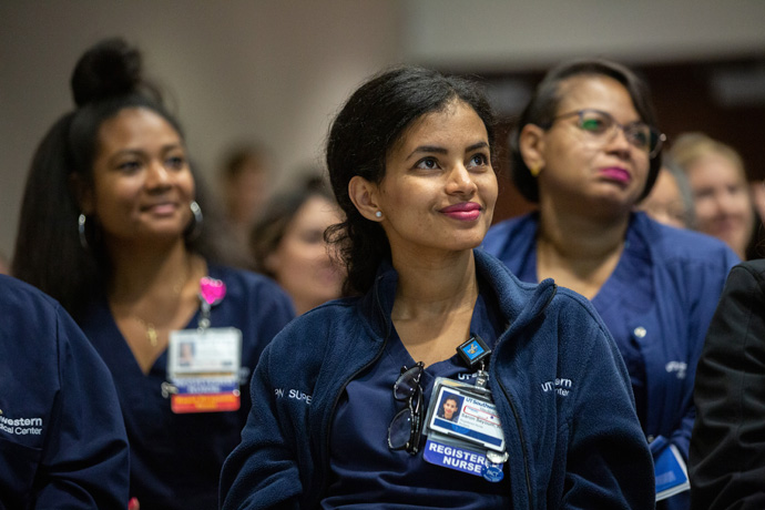 Nurses packed the Clements University Hospital Lecture Hall to watch the Annual State of Nursing Address and to support this year's winners of UTSW’s Nurse Excellence Awards.