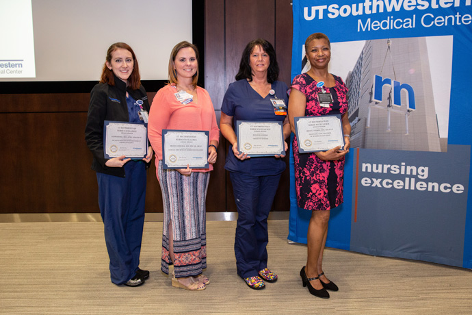 Award winners and their categories, from left: Leonor Sosa (Advanced Practice Registered Nurse), Mandi Longoria (Clinical Educator), Reginda Dorman (Friend of Nursing), Cheryl Thomas (Frontline Care Provider)