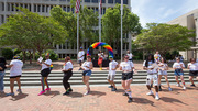 Brunch: Brunch attendees celebrate by dancing the wobble on Seldin Plaza.