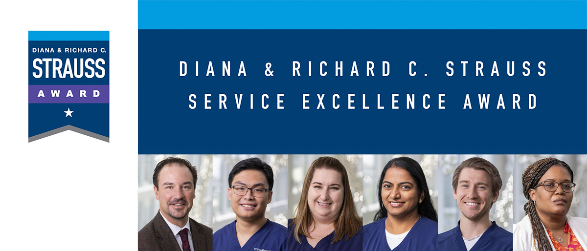Collage of 6 winners' photos with the Diana & Richard C. Strauss Service Excellence Award logo and blue banner.