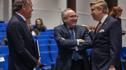 From left, Dr. Zerwas, UTSW President Daniel K. Podolsky, M.D., and Texas Sen. Tan Parker, District 12, talk about how AI can benefit health care and advance research in Texas.