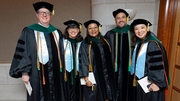 Medical School leaders who supported the students throughout their educational journey included (from left) Blake Barker, M.D., Associate Dean of Students and Associate Professor of Internal Medicine; Angela Mihalic, M.D., Dean of Medical Students, Associate Dean of Student Affairs, and a Distinguished Teaching Professor; Shawna Nesbitt, M.D., M.S., Vice President and Chief Diversity, Equity, and Inclusion Officer, and Professor of Internal Medicine; Norberto Rodrigues-Baez, M.D., Associate Dean of Student Affairs for the Office of Student Diversity and Inclusion and Professor of Pediatrics; and Melanie Sulistio M.D., Associate Dean for Student Affairs and Professor of Internal Medicine.