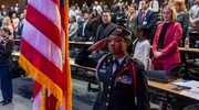 UT Southwestern honored its nearly 800 community members who self-identified as veterans at its 10th annual Tribute to Veterans ceremony on Nov. 11. Pictured here, the event featured the presentation of the colors by Dr. John D. Horn High School’s JROTC Color Guard.