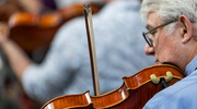 A closeup of Dr. Quigley’s viola playing shows his intent concentration.