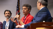 Panelists on the Innovations, Tech Transfers, and Collaborations with Vendors session discussing AI strategies include, from left: Mark Arnold, Associate Vice President for Discovery to Impact, UT Austin; Kal Clark, M.D., Clinical Vice Chair of Informatics, UT Health San Antonio; and Isamu Hartman, Ph.D., M.B.A., Assistant Director of Technology Commercialization, UTSW.