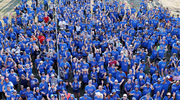 UTSW walkers wave as they assemble for the annual group shot.