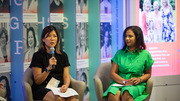 Assistant Professor of Surgery Caroline Park, M.D., (left) and Associate Professor of Pediatrics Julie Mirpuri, M.D., share stories of challenges and accomplishments as trailblazing women at UT Southwestern during the fireside chat.