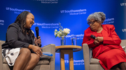 Shawna Nesbitt, M.D., M.S., Vice President and Chief Institutional Opportunity Officer (left), talks with keynote speaker Opal Lee during UT Southwestern’s annual Black History Month Celebration in February. The 98-year-old activist and retired educator is recognized worldwide for the movement to establish Juneteenth as a national holiday.