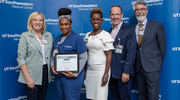 PACT Platinum pin recipient Melissa Parker pictured with Health System leaders Susan Hernandez, D.N.P., Toni Eby, David Wyatt, Ph.D., and Chris Rubio.