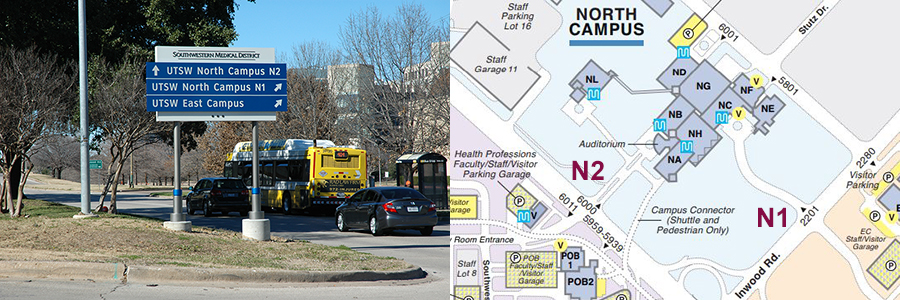 Graphic illustrating the N1 and N2 areas of UTSW campus