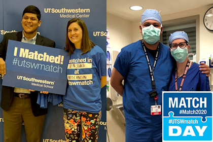 Man and woman smiling holding match day sign, then in another photo of them in scrubs and surgical masks